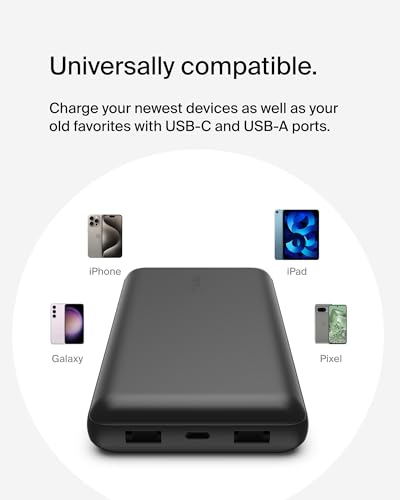 Belkin 20000mAh 15W 3 Port Power Bank, USB A to USB C Cable Included - color: Black
