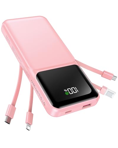 RONEGN Portable Charger with Built in Cable -20000mAh Fast Charging Power Bank USB C Slim 22.5W LED Display Battery Pack 5 Outputs & 3 Inputs for Travel Essentials iPhone Samsung Phones Pink - color: Pink
