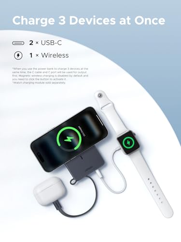 UGREEN MagFlow 10000mAh Qi2 25W Wireless Power Bank Built-in Cable - color: Grey