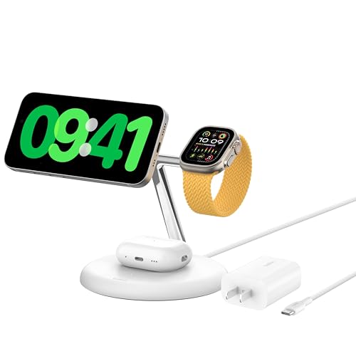 Belkin Qi2 15W Magnetic Wireless Charging Stand, 3 in 1 Fast Charger - color: White