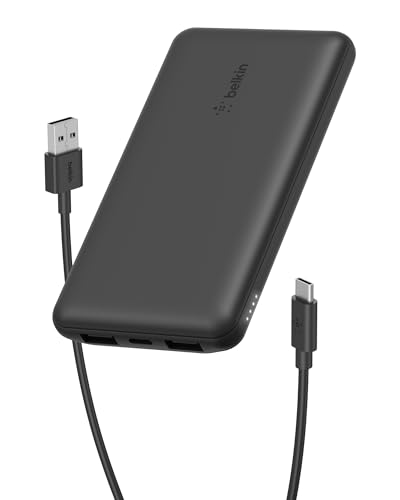 Belkin 10000mAh 15W 3 Port Power Bank, USB A to USB C Cable Included | Fast Charging, iPhone 17, Samsung Galaxy, Pixel, Airpods, iPad, Nintendo Switch 2, Battery Pack, USB C Port, USB A Port - color: Black