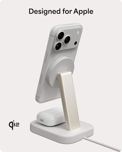 Mophie 2-in-1 Wireless Charging Stand - Qi2-Certified, MagSafe Charger for iPhone & AirPods – Fast Charging Station with Adjustable Phone Stand & Cable Management – Up to 15W Power - color: White, size: 2-in-1 iPhone/ Apple Airpods Charging Stand