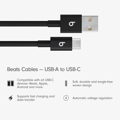 Beats USB-A to USB-C Woven Cable Fast Charging Durable and Tangle-Free Design Compatible Charger for Apple & Android Devices (1.5 m, 5 ft) - Bolt Black - color: Bolt Black, size: 5 ft, style: USB-A to USB-C