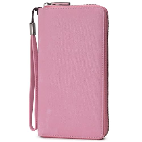 Bveyzi Women RFID Blocking Wallet Leather Zip Around Phone Clutch Large Capacity Ladies Travel Purse Wristlet - color: Vegan Pink