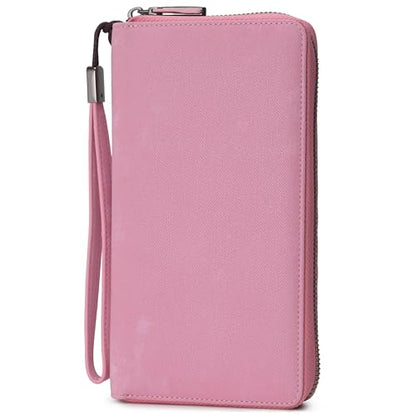 Bveyzi Women RFID Blocking Wallet Leather Zip Around Phone Clutch Large Capacity Ladies Travel Purse Wristlet - color: Vegan Pink