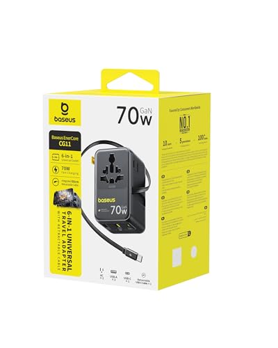 Baseus 70W Universal Travel Adapter, 6-in-1 International Plug Adapter - color: Black, size: 70W