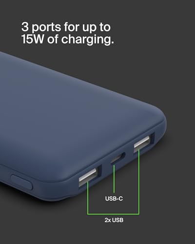 Belkin 10000mAh 15W 3 Port Power Bank, USB A to USB C Cable Included | Fast Charging, iPhone 17, Samsung Galaxy, Pixel, Airpods, iPad, Nintendo Switch 2, Battery Pack, USB C Port, USB A Port - color: Blue