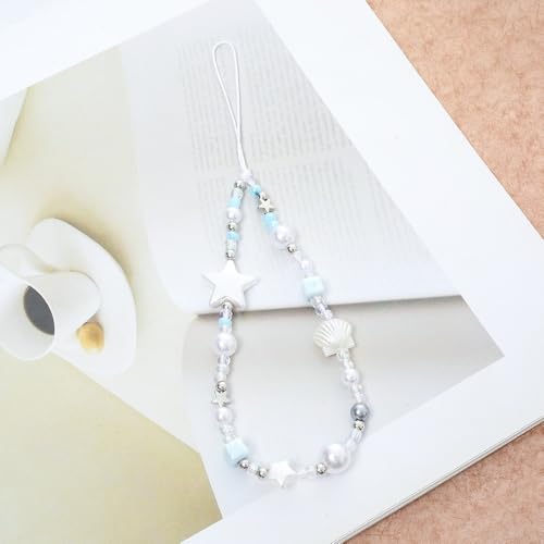 Cute Beaded Camera Wrist Strap for Phone, Digital Camera Charm Lanyard, Pearl Beaded Chain for Bag Keychain Gift - color: White Star