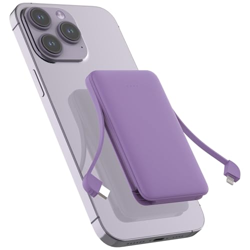 Sethruki Smallest Portable Charger with Built-in Cables 5000mAh,Ultra Slim Power Bank,Mini High Speed External Battery Packs,Lightweight USB C Phone Charger for iPhone Samsung Google Android (Purple) - color: purple