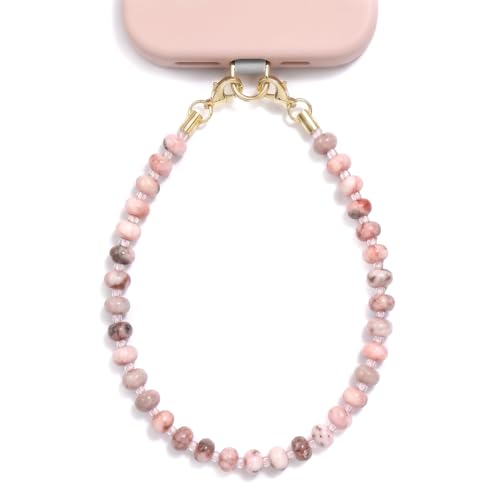 POSADINA Natural Stone Phone Charm, Beaded Healing Phone Wrist Strap, Handmade Cellphone Chain Lanyard with Tether Tab - color: Rosé Hush