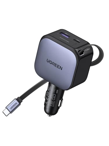 UGREEN 90W 3-Port Retractable Car Charger with 60W Retractable Cable