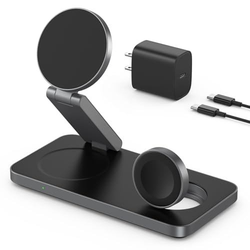 VBA 3 in 1 Wireless Charging Station for Apple MagSafe Charger,Foldable Fast Charging Magnetic Wireless Charger Stand,Travel Charger for iPhone 17 Air 16 15 14 13 12,Apple Watch,AirPods (Black) - color: Black