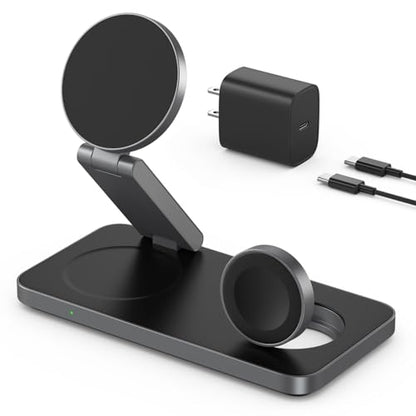 VBA 3 in 1 Wireless Charging Station for Apple MagSafe Charger,Foldable Fast Charging Magnetic Wireless Charger Stand,Travel Charger for iPhone 17 Air 16 15 14 13 12,Apple Watch,AirPods (Black) - color: Black