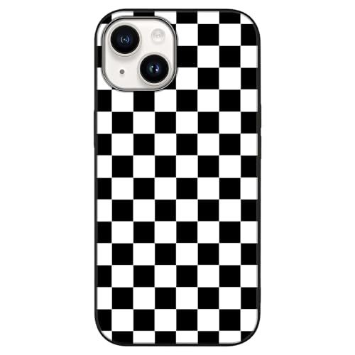 Compatible with iPhone 14 Case Checkered Pattern Black White | Anti-Scratch Hard PC Back, Non-Slip Soft TPU Sides, Shockproof Protection Cover - color: Black White