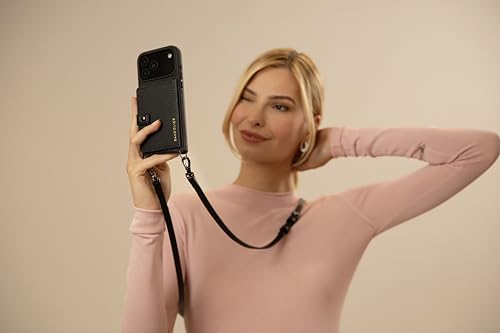 Bandolier Mila Leather Crossbody MagSafe Phone Case iPhone 17 Pro- Black/P | Crossbody leather phone case. Built-in card-holder. Adjustable & removable strap. MagSafe Design. Phone drop protection. - color: Black/Pewter, size: Iphone 17 Pro