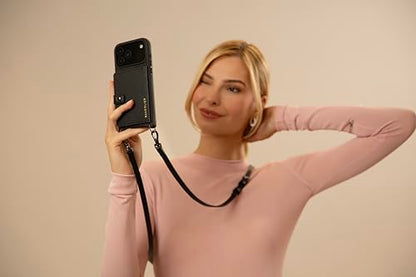 Bandolier Mila Leather Crossbody MagSafe Phone Case iPhone 17 Pro- Black/P | Crossbody leather phone case. Built-in card-holder. Adjustable & removable strap. MagSafe Design. Phone drop protection. - color: Black/Pewter, size: Iphone 17 Pro