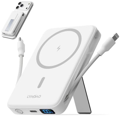 Magnetic Portable Charger 10000mAh, 22.5W Power Bank with Built in Cable - color: white