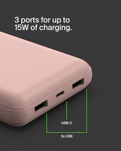 Belkin 20000mAh 15W 3 Port Power Bank, USB A to USB C Cable Included - color: Rose Gold