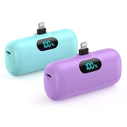 [2 Pack] Mini Portable Charger 5000mAh,Ultra-Compact 15W PD Fast Charging Power Bank,LCD Display Cute Battery Pack Backup Charger Compatible with iPhone 14/14 Pro Max/13 Pro/12/11/XR/8/7-Green+Purple - color: z-Green+Purple