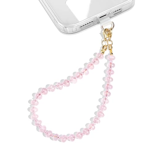 Natural Stone Beaded Phone Wrist Strap for Women, 304 Steel Core - color: Rose Quartz