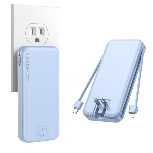 Nusyddy Portable Charger 10000mAh Fast Charging w/Built-in Wall Plug Blue - color: Cerulean
