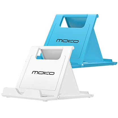 MoKo 2 Pack Cell Phone Stand for Desk, Tablet Stand for 4"-11" Devices - color: White + Blue