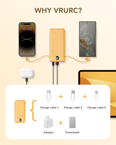 VRURC Portable Charger, Power Bank Built-in Cables and AC Wall Plug - color: Orange