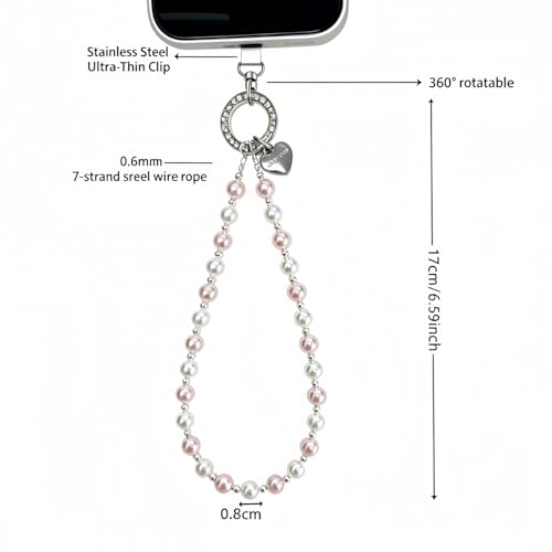 Phone Charm Wrist Strap for Women, Detachable Anti-Theft Cell Phone Case Camera AirPods Bags Keychains Lanyard with Tether Tab for iPhone, Samsung and Most Smartphones, Hand-free Beaded Chain (Pink) - color: Pink