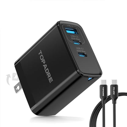 TOPADRE 65W USB C Charger Block,PD PPS 3 Ports GaN Charger Foldable Compact - color: Black, size: 65W, style: 1-pack