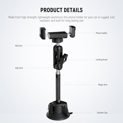 NEEWER Phone Holder for Your Car, 360° Rotating Vacuum Suction Cup Metal Cell Phone Mount Extended Magic Arm Compatible with iPhone Samsung for Windshield Skylight Navigation Video Recording, PA137