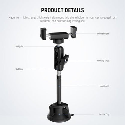 NEEWER Phone Holder for Your Car, 360° Rotating Vacuum Suction Cup Metal Cell Phone Mount Extended Magic Arm Compatible with iPhone Samsung for Windshield Skylight Navigation Video Recording, PA137