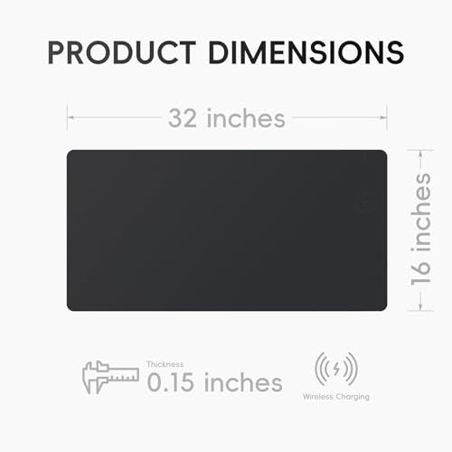 Mouse Pad with Wireless Charging, PU Leather Fast Charging Gaming Mouse Pad, Waterproof Anti-Slip Surface, Easy Clean Office Table Mat, 32L x 16W x 0.15H inches, Black(Right Side Charging Port)