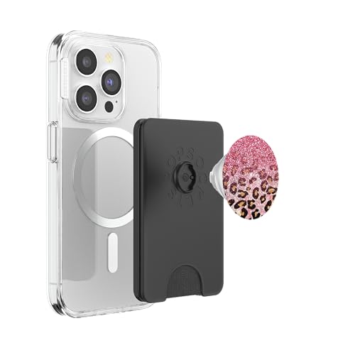 Cute Pink Leopard Print Pattern Fashion Design on Black PopSockets PopWallet for MagSafe - style: Magnetic PopWallet