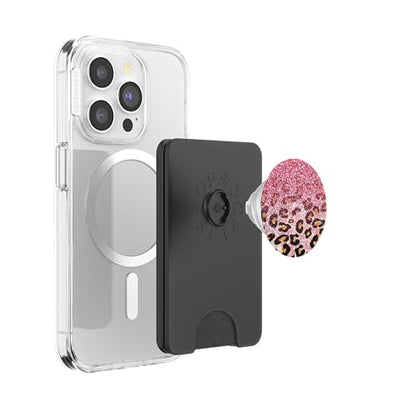 Cute Pink Leopard Print Pattern Fashion Design on Black PopSockets PopWallet for MagSafe - style: Magnetic PopWallet
