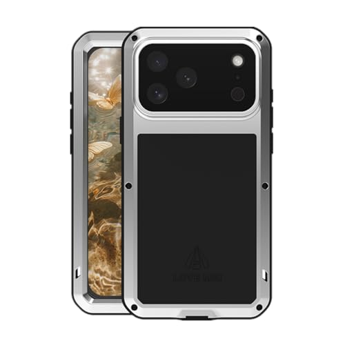 LOVE MEI for iPhone 17 Pro Max (6.9) Metal Case, Heavy Duty Metal Military Grade Shockproof Dustproof Full Body Case with Built in Tempered Glass Screen Protector for iPhone 17 Pro Max (Silver) - color: Silver