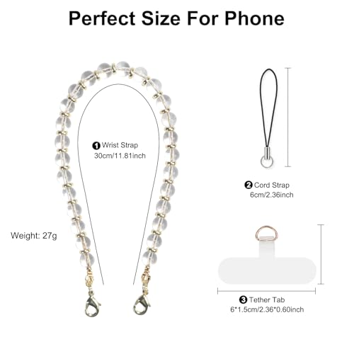TEAMOLA Natural Stone Phone Charm - Crystal phone Beaded Wrist Strap - color: Clear