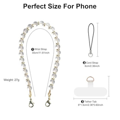 TEAMOLA Natural Stone Phone Charm - Crystal phone Beaded Wrist Strap - color: Clear