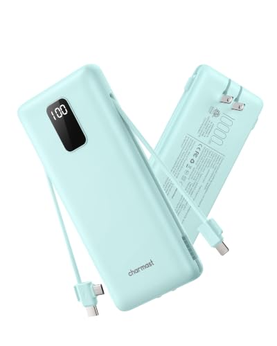 charmast 10000mAh Portable Charger with Built-in Cables and AC Wall Plug - color: Cyan