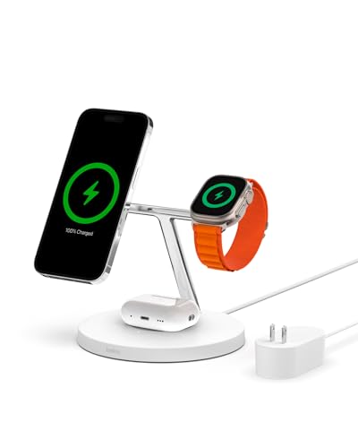 Belkin MagSafe 3 in 1 Wireless Charging Stand, 2nd Gen, 33% Faster - color: White, style: Chrome Finish