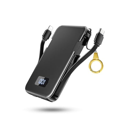 Ultra-Slim 5000mAh Portable Charger for iPhone & Android, Mini Power Bank with Built-in Cables (USB-C & iOS), 5V/2A Small External Battery Pack for iPhone 16/15/14/13, Samsung, Google – Black