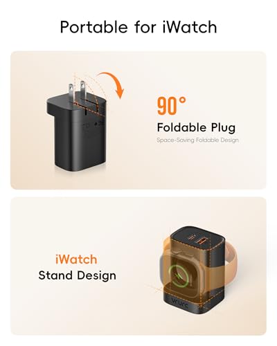 VRURC Fast Charger for iPhone, PD 20W USB C Wall Charger Dual Ports, 3-in-1 Foldable Charging Block Built in Magnetic Watch Charger Station for Apple Watch Ultra/10/9/8/7/6/5/4-Black - color: Black