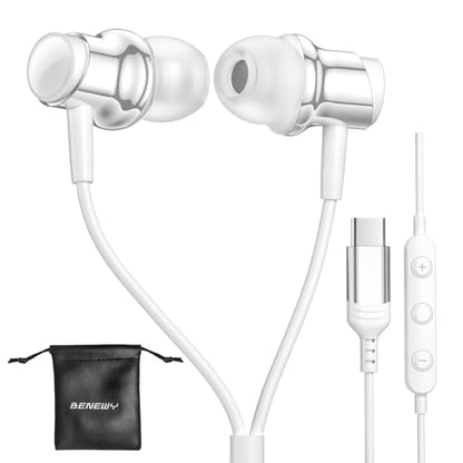 USB C Headphones Wired Earbuds for Samsung Galaxy S26 S25 S24 A57 iPhone 17 - color: White