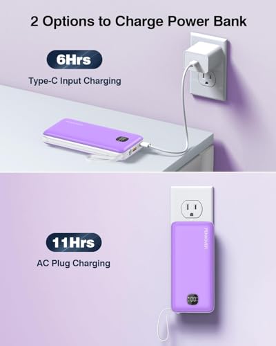 penaover Portable Charger with Built-in Cables&AC Wall Plug,5 Output 2 Input 20000mAh Power Bank,22.5W Fast Charging Battery Pack with LED Display,Compatible with iPhones,Android, Samsung etc,Purple - color: Purple