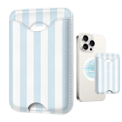 Stripe Magnetic Wallet for Magsafe Compatible with iPhone 17/16/15/14/13/12 Series Pro Max Plus Air (Phone Magnet Card Holder Fit 3 Cards for Women Girl Lether Mag Safe Wallets Blue) - color: Stripes (Blue & White)