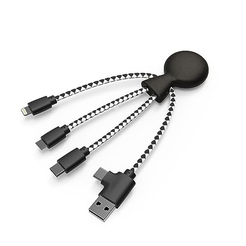 Xoopar - Mr Bio 4 in 1 Multi USB Cable Octopus Design Black - Universal Recycled Plastic Charger - USB Plug - USB-C - Lightning - Micro USB for Universal Smartphone - color: Black
