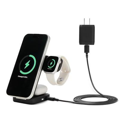 Amazon Basics MagSafe Compatible 25W Fast Charging Qi2.2 Certified 3-in-1 Wireless Charging Station, Foldable Stand for iPhone 17/16/15/14/13/12, Apple Watch, AirPods, with 45W Adapter, Black - color: Black