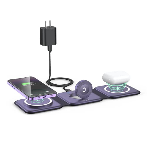 3 in 1 Wireless Charging Station for Apple,Foldable Magnetic Travel Charger - color: deep purple