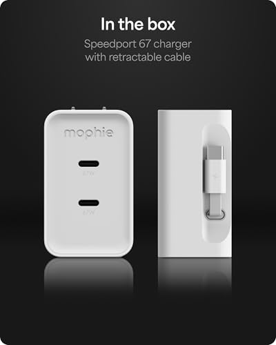 Mophie Speedport 67 GAN USB-C Charger Block - 67W Fast Wall Charger with 2 USB‑C PD Ports, Retractable Cable, Compact Foldable Prongs, Made with Recycled Materials, for Smartphones & Tablets - style: 67W