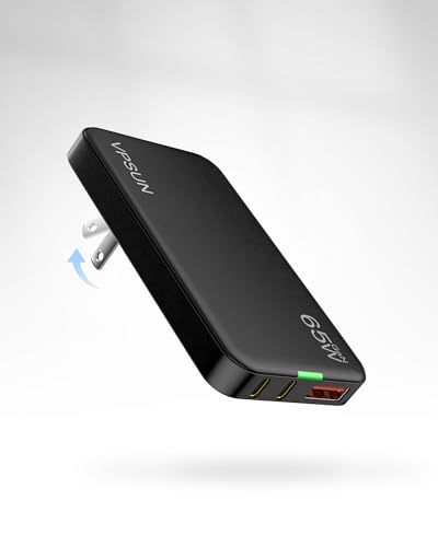 65W GaN Flat USB Wall Charger Block - 3 Port Foldable USB Charging Block - color: Black