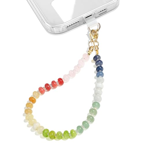 Natural Stone Beaded Phone Wrist Strap for Women, 304 Steel Core - color: Colorful